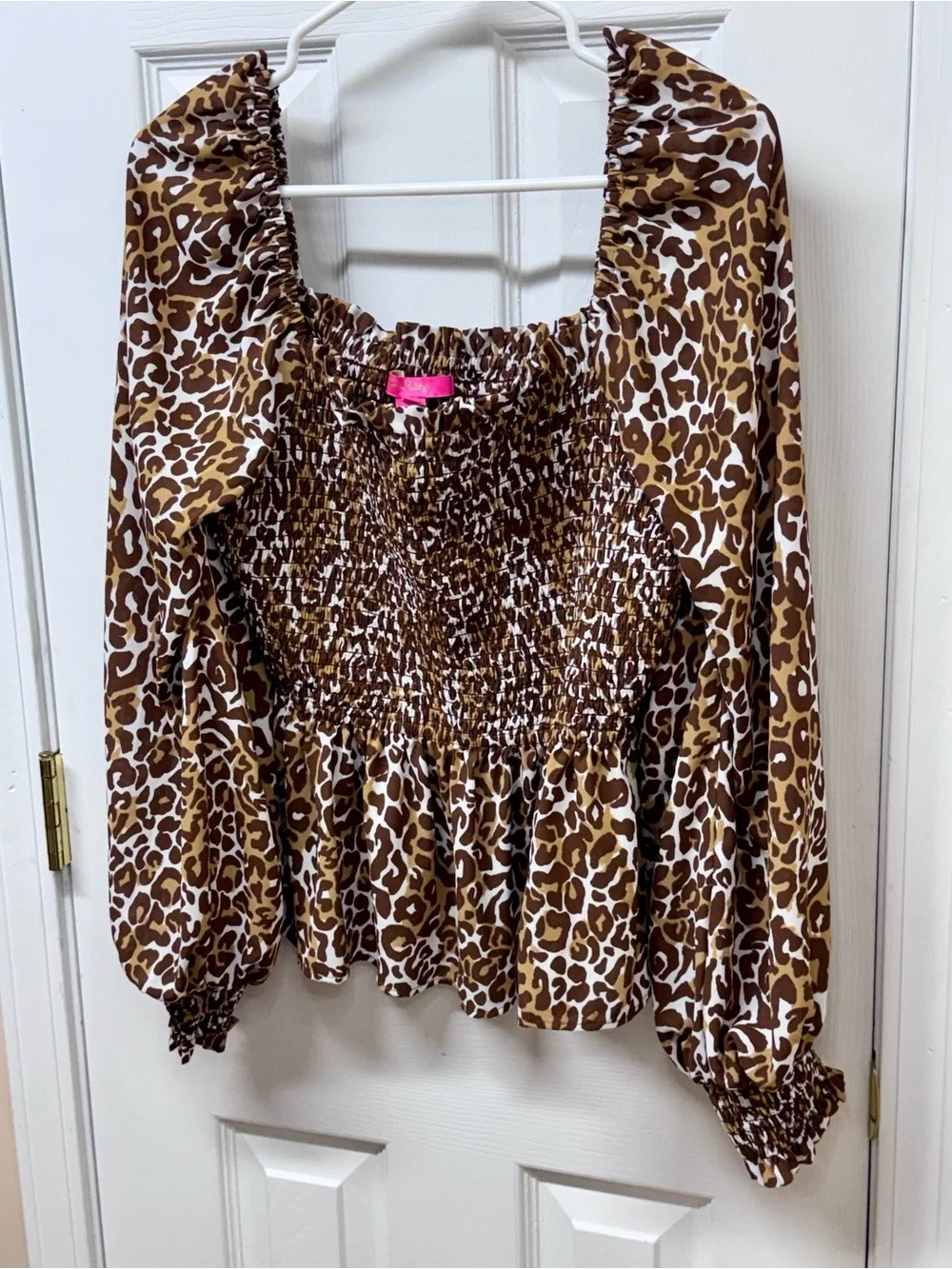 Lilly Pulitzer Demi Leopard Smocked Peplum Long Sleeve Top Brown Size L